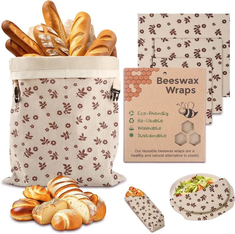 Vakeen Beeswax Bread Bags, Reusable Organic Linen Beeswax Bread Bag for Sourdough, Keep Fresh and Large Capacity Portable Sourdough Storage Bags & 3 Beeswax Wraps for Gifting, Must-Have Baking Accessories - Image 1
